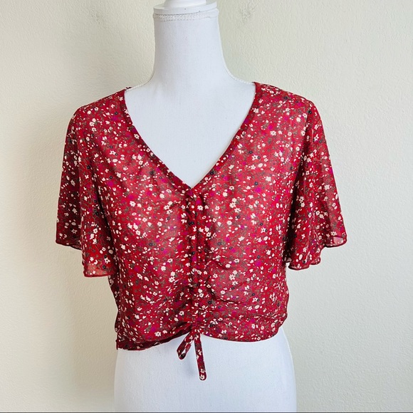 NWOT Red Floral Cinched Tie Blouse - Picture 8 of 12